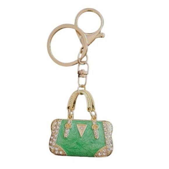 Mini Green Enamel with Rhinestones Handbag Key Chain or Purse Ornament -… - Picture 1 of 2